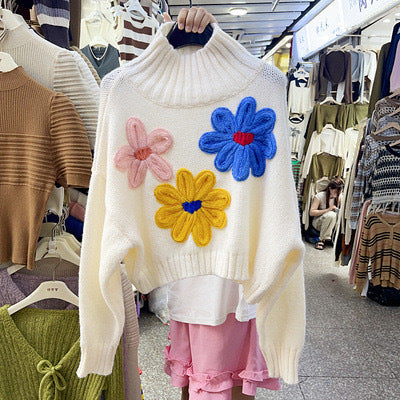 Three-dimensional Flower Temperament High Collar Long-sleeved Sweater