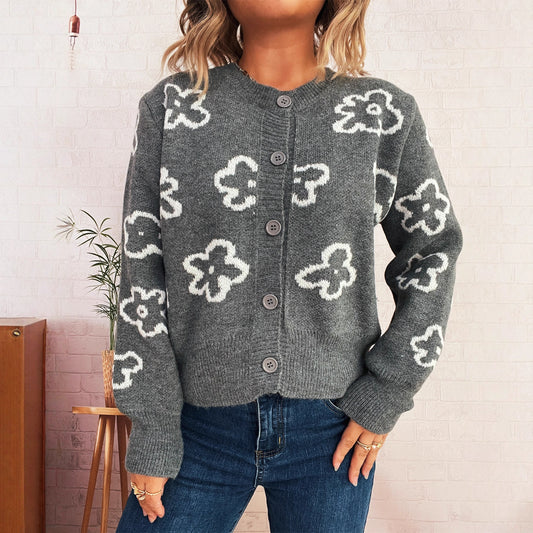 Casual Flower Jacquard Short Single-breasted Knitted Sweater