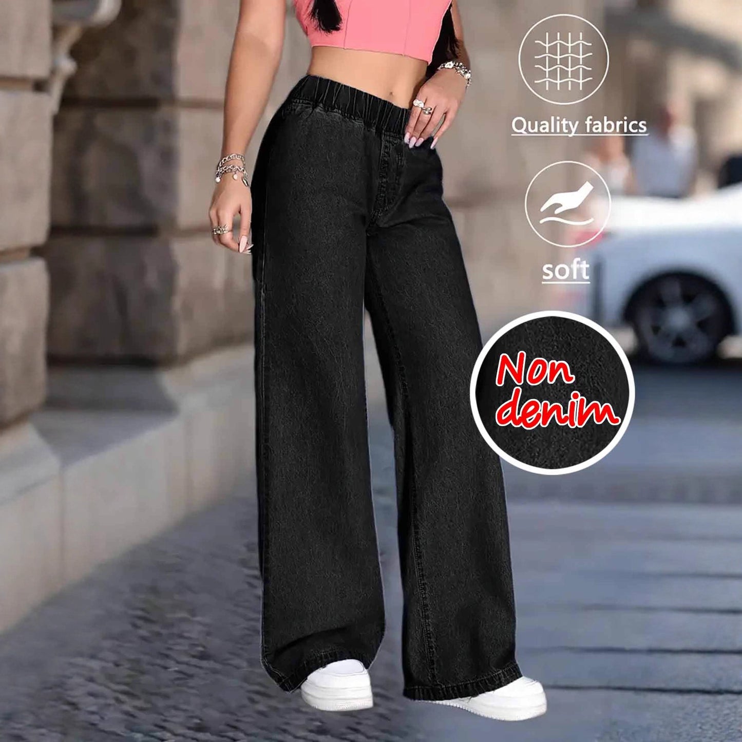 Womens High-waisted Straight-leg Faux Denim Wide-leg Pants