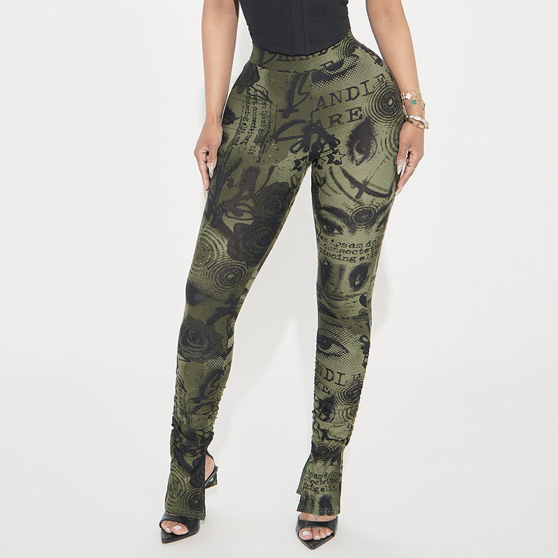 Printed High-waisted Stretch Slim-fit Casual Pants With Slits And Pleated Hems