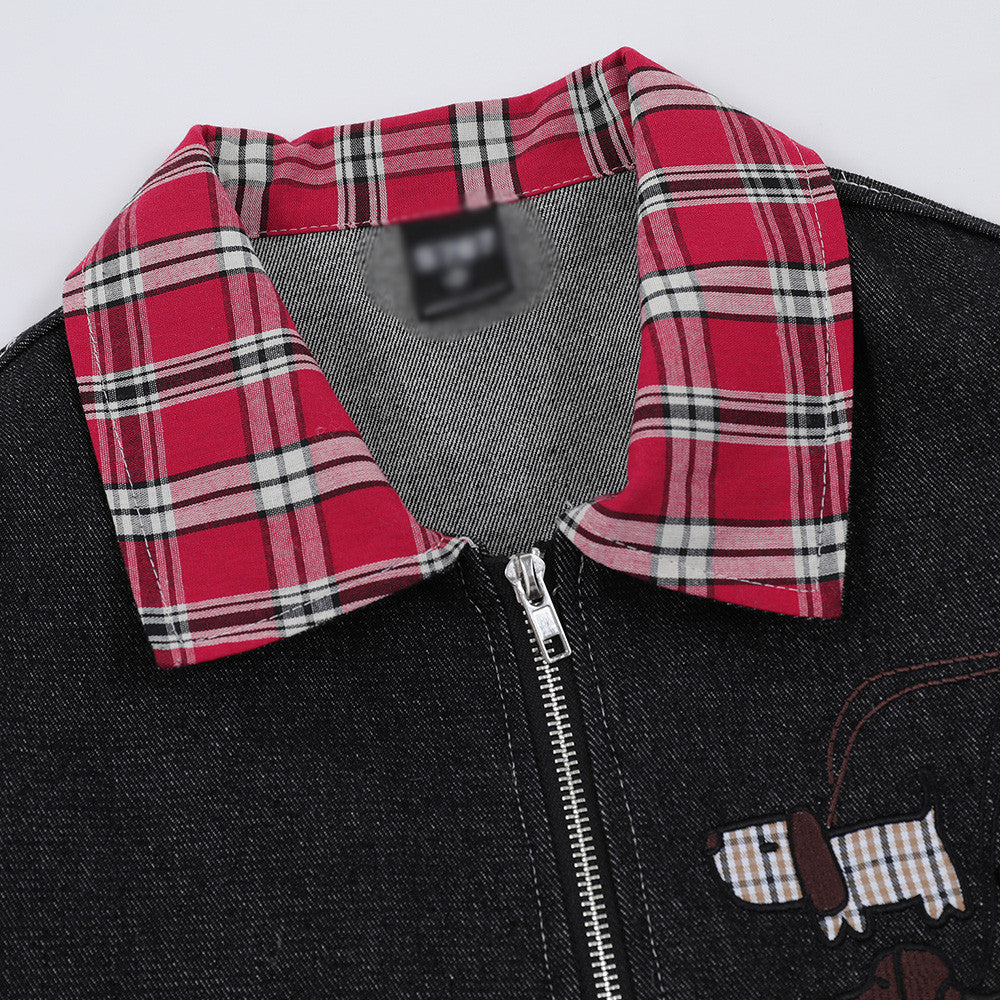 Funny Puppy Paste Cloth Embroidery Denim Contrast Color Patchwork Plaid Lapel Baggy Coat Men