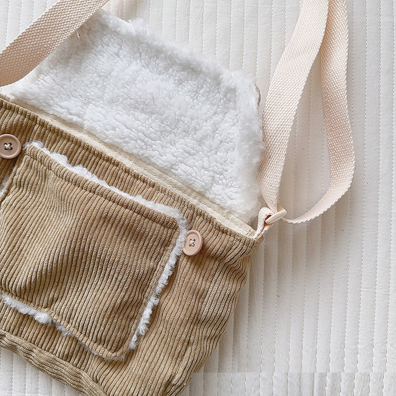 Retro Corduroy Solid Color Personalized Button Children's Cross Body Shoulder Bag