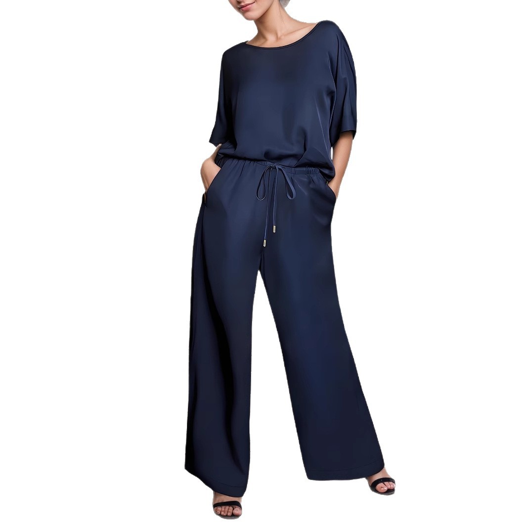 Casual Short-sleeve Top And Drawstring Wide-leg Pants Set