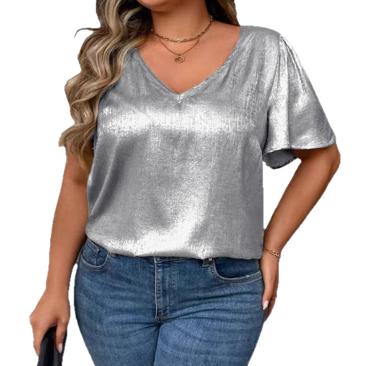 Loose-fit V-neck Solid-color Short-sleeve Top