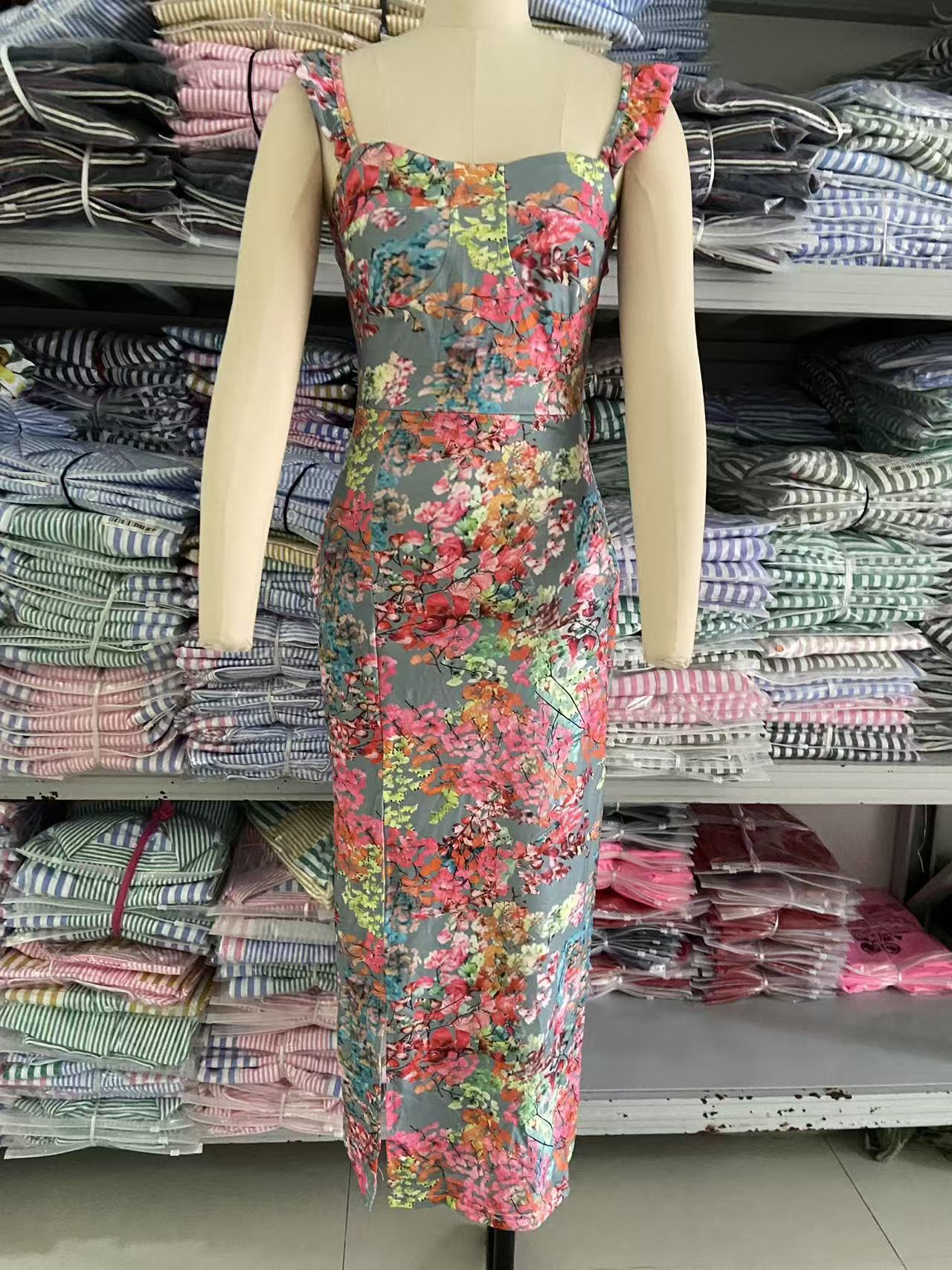 French Style Floral Strap Mid Length Split Womens Dress