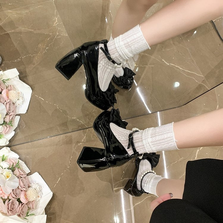 2026 Spring Sweet Bow & Pearl Mary Jane Heels For Women-Cute Platform Block Heel Pumps For Dressy Outings