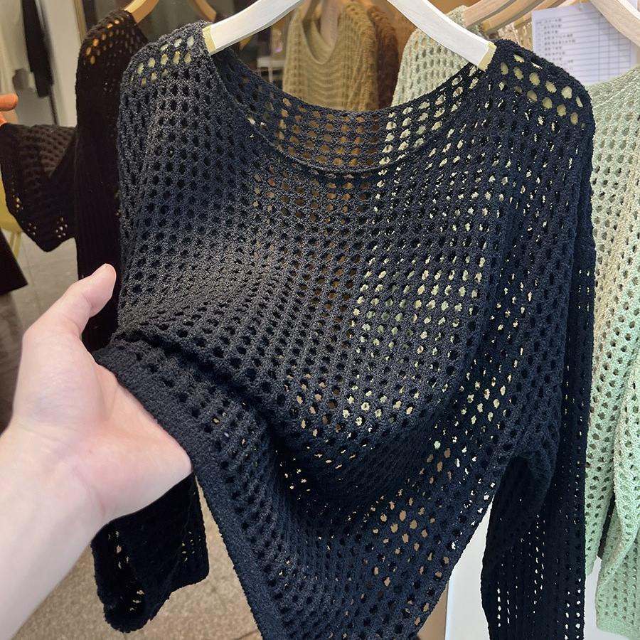 Sexy Pure Want To Wear Round Neck Long Sleeve Hollow Knitted Mesh Shirt