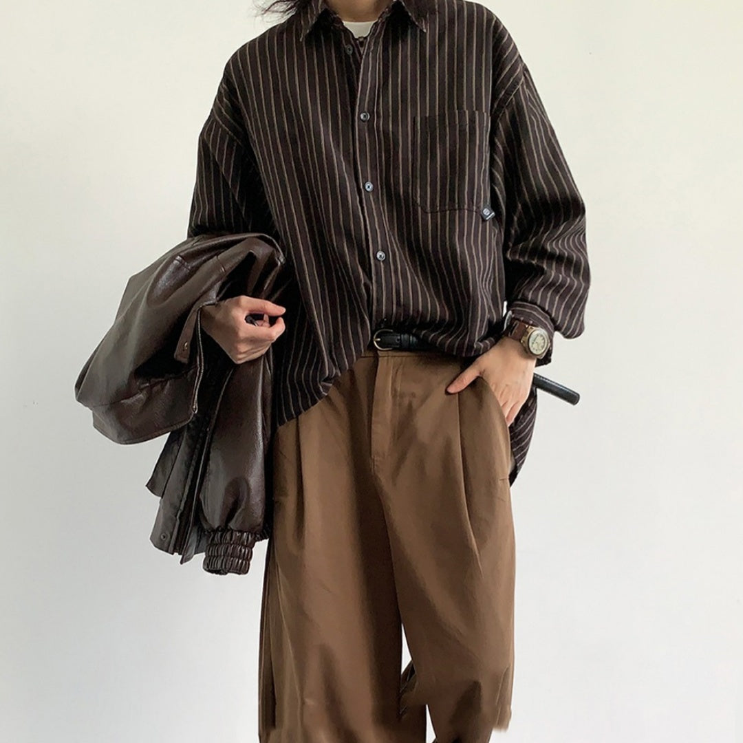 Spring And Autumn Japanese Retro Striped Shirt