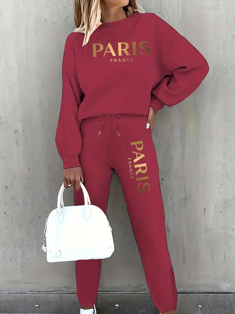 Letter Printing Long Sleeve Crew Neck Sweater Leisure Sports Fleece-lined Suit