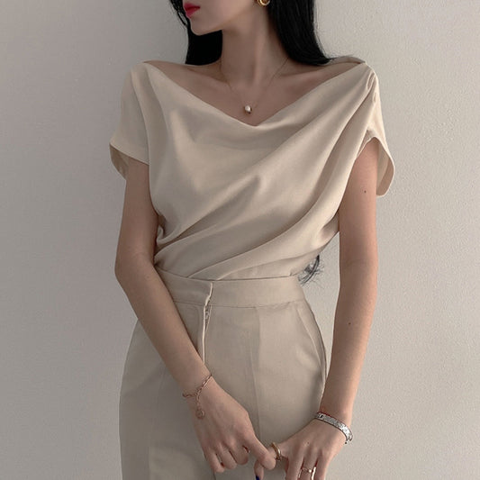 Off-shoulder Collar Design Loose Casual Short Sleeve Shirt Top