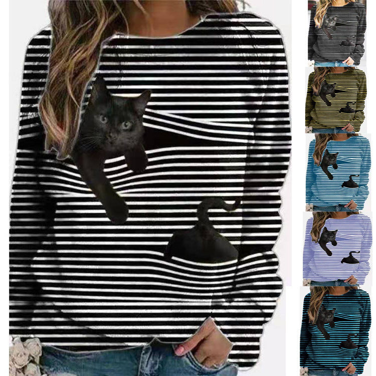 Cartoon Pattern Round Neck Stripe Long Sleeve T-shirt 3D