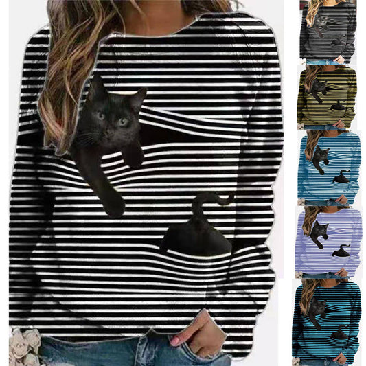 Cartoon Pattern Round Neck Stripe Long Sleeve T-shirt 3D
