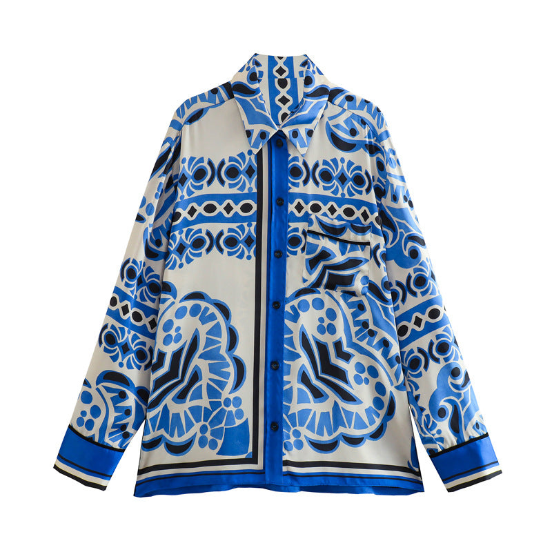Spring New European And American Printing Drape Loose Shirt Elastic Waist Pajamas Wind Length Blouse And Pants