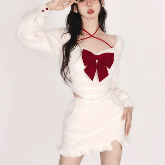 White Bow Top Half Skirt Set For Women