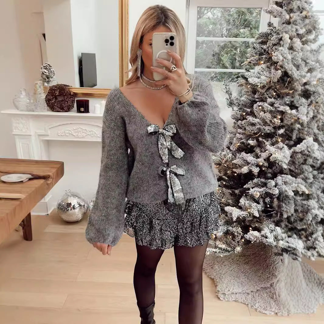 Women's Sequined Bowknot Decoration Loose Knitted Sweater