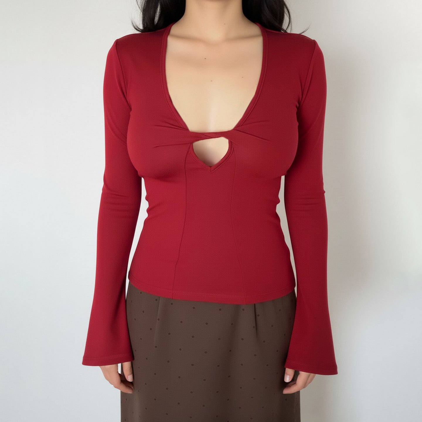 Deep V Long Sleeve Solid Color Sexy Slim-Fit Underwear Top