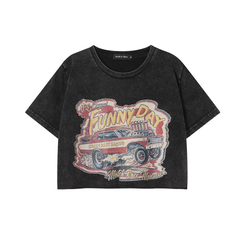 Retro Distressed Printed Short Sleeve Round Neck Shoulder Width Loose