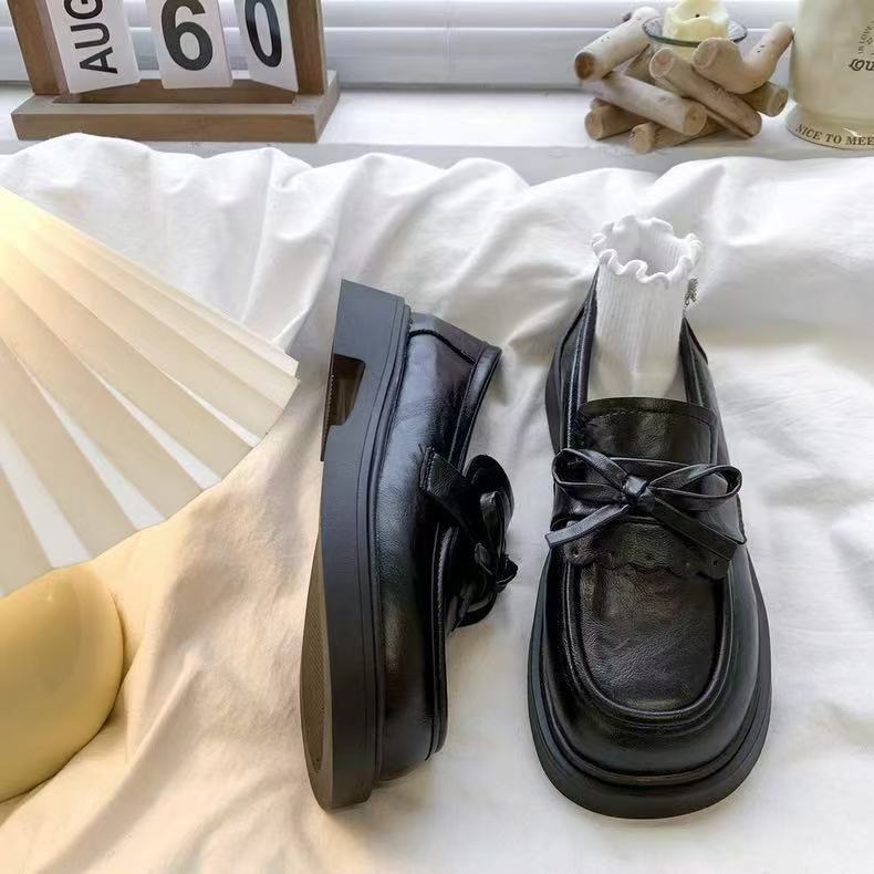 Bow Tie Black Chunky Soled Slip On Leather Shoes