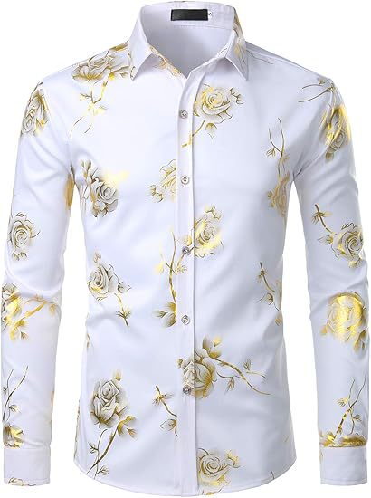 Golden Rose Print Slim Fit Long Sleeve Formal Wear Shirt