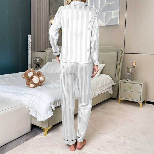Cardigan Polo Collar Stripes Pajamas Women's Suit