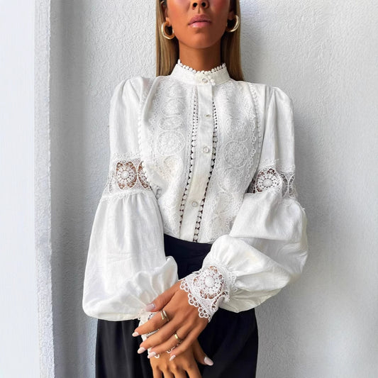 Women's Lace Patchwork Lantern Sleeve Casual Shirt