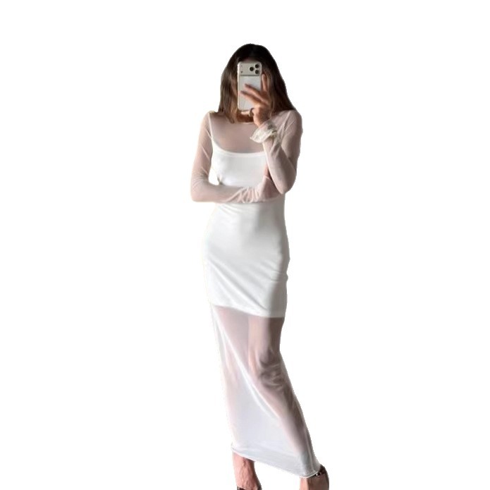 Elegant Womens Long-sleeve Mesh Dress With A Double-layer Design