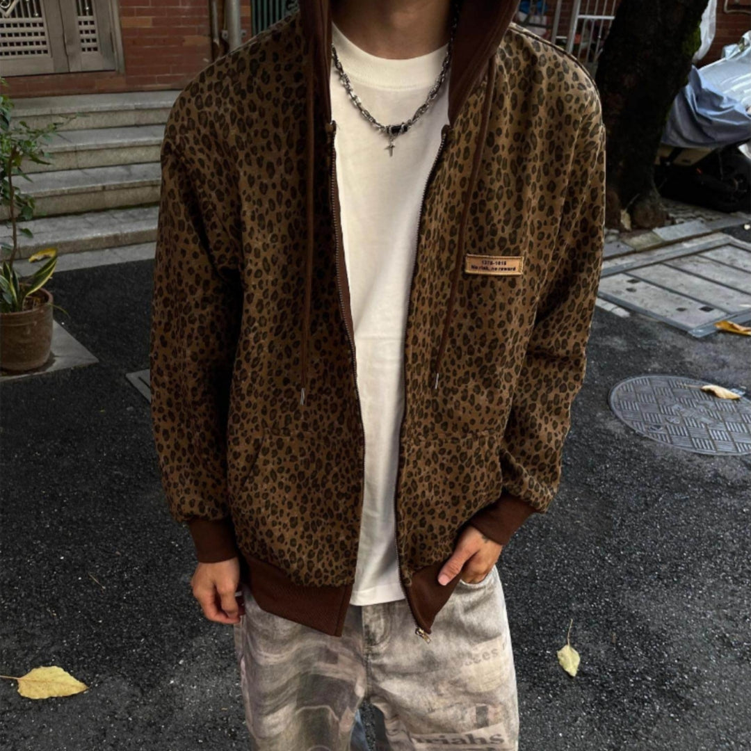 Retro Leopard-Print Zip-Up Hooded Cardigan Sweater High-Street Style Loose-Fit Casual Outerwear Top