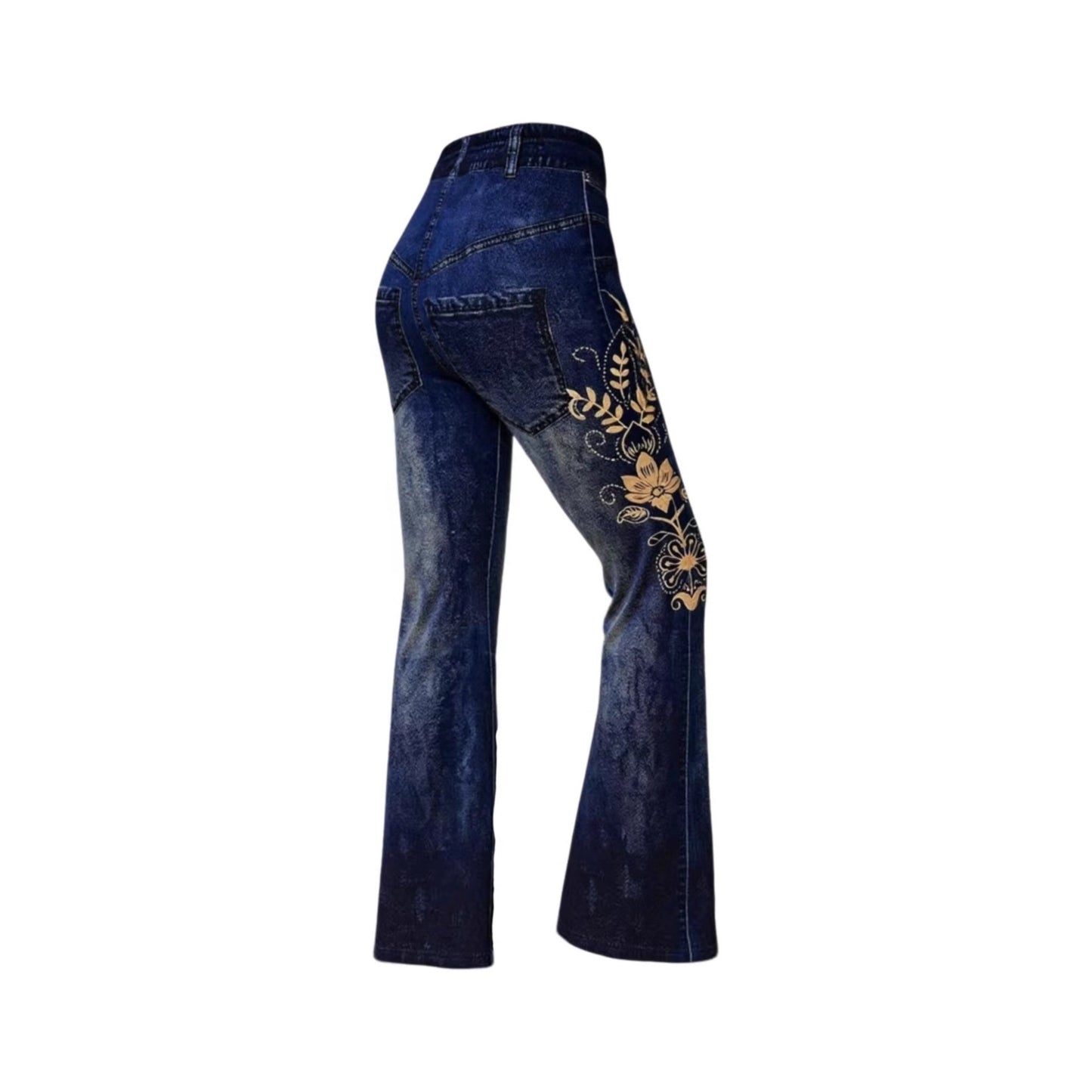 High-waisted Stretchy Faux Denim Pants With A Printed Design