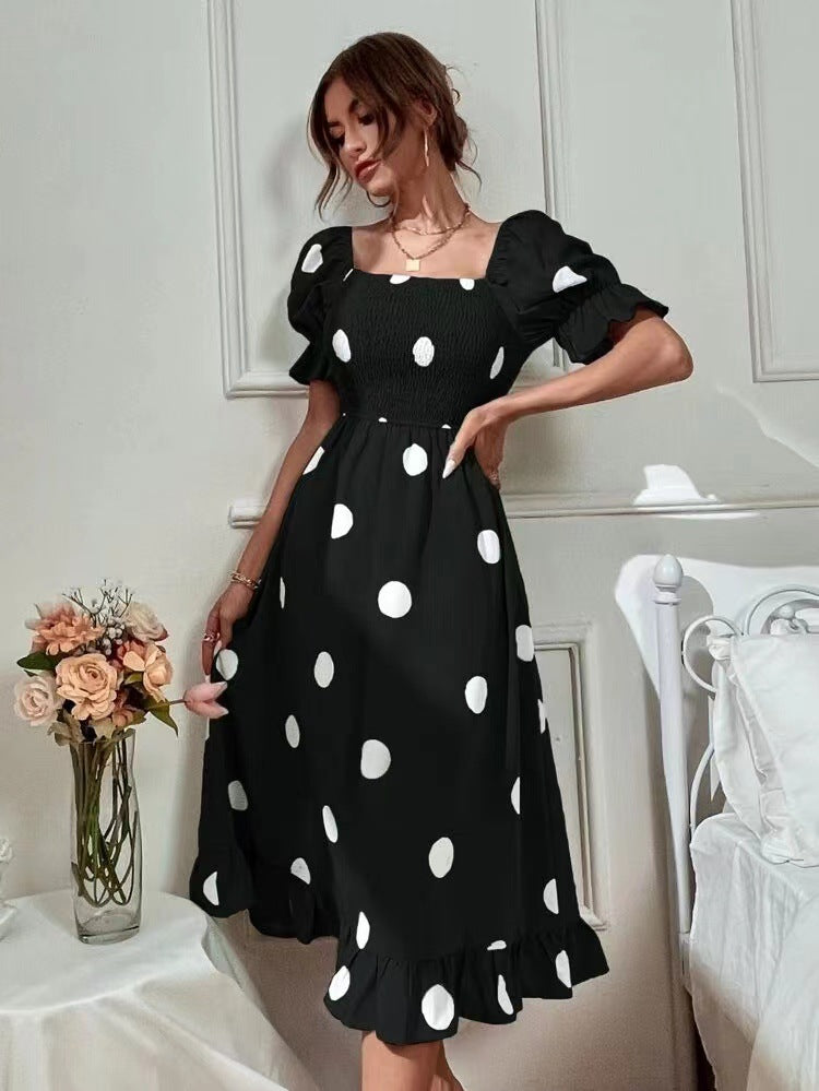 Big Round Dot Slim Fitting Sweet Ruffled Short Sleeved Dress