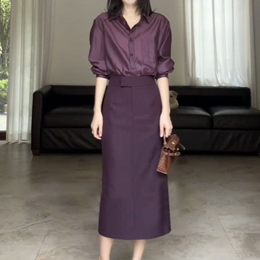 Fashionable Set Womens Blouse Top And Slimming High-Waist Slit Skirt