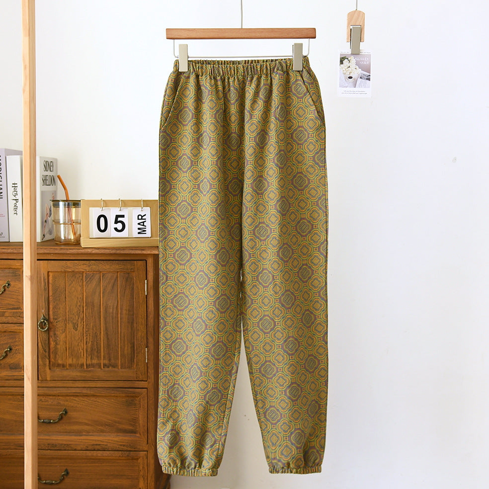 Women's Fashionable Vintage Yarn-dyed Closed Cotton Drawstring Trousers