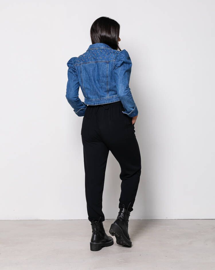 Denim Long-sleeved Retro Puff Sleeve Short Beaded Jacket