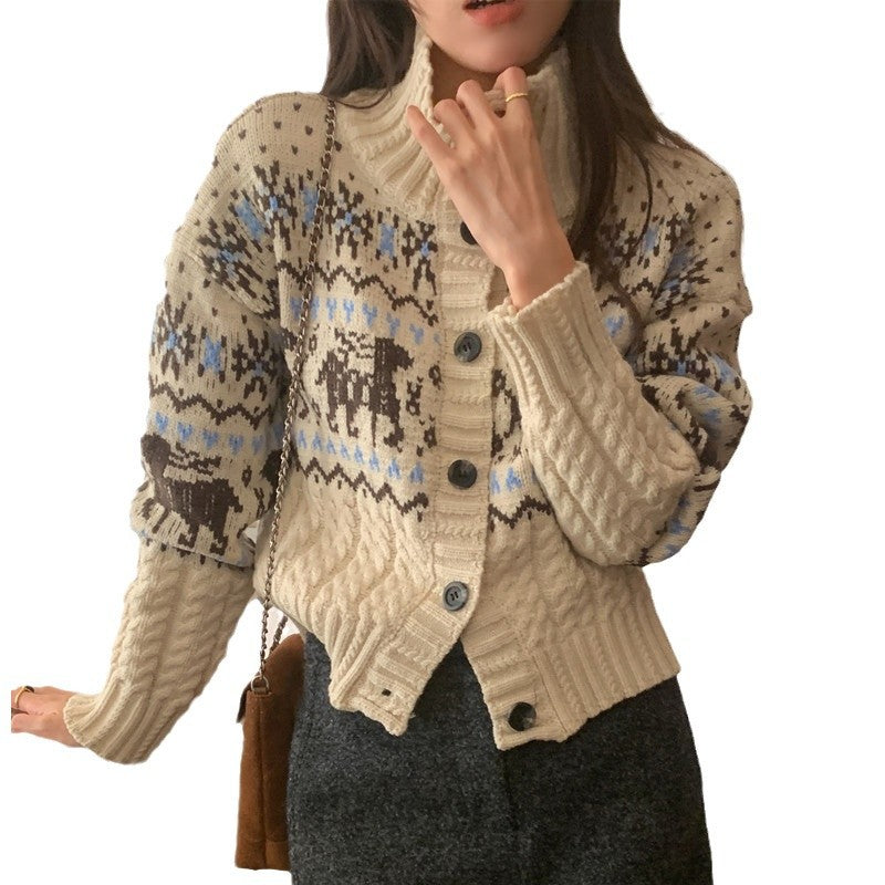 Jacquard Stand Collar Single-breasted Soft Glutinous Sweater Cardigan Coat