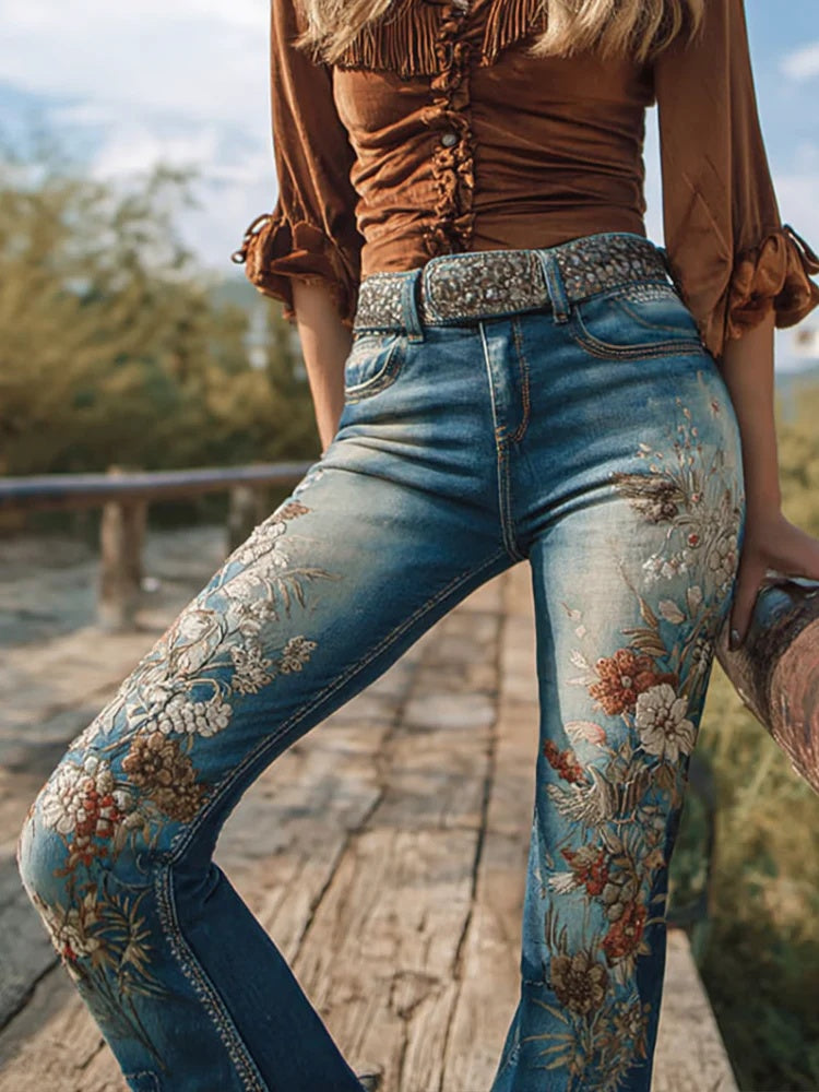 Womens Colorful Floral Faux Denim Pants