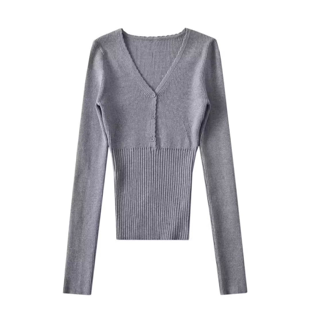 V-neck Fitted-waist Long-sleeve Knit Base Layer Top