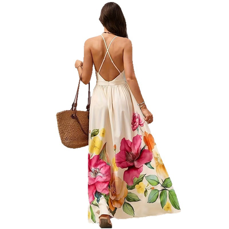 Bohemian Slip Dress With Deep V Neck And Positional Print