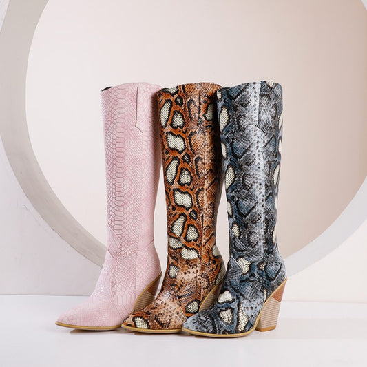 Large Size Snake Print Boots Women's Super High Heel Thick Heel High Boots