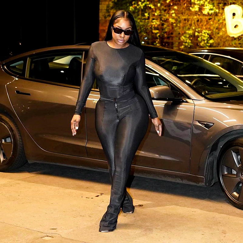 Tight Long-sleeved Top Zipper Button Trousers Casual Suit