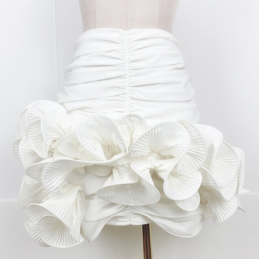 Skirt A- Line French Minority Design Heavy Industry Satin Pleated Three-dimensional Flower Hip Skirt