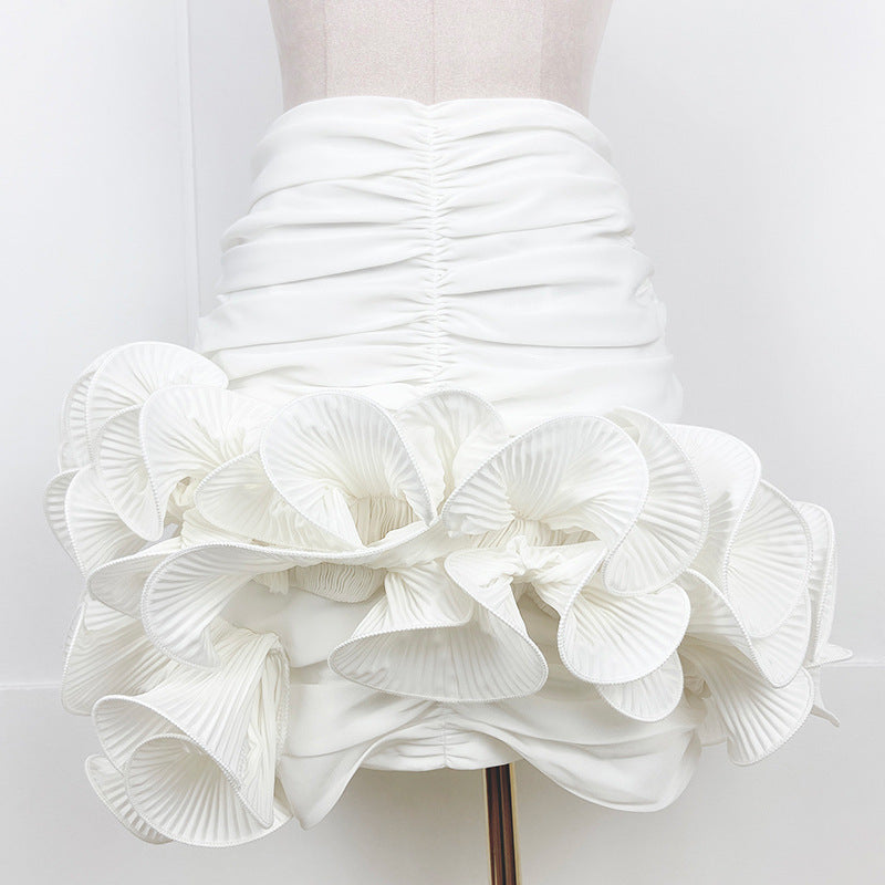 Skirt A- Line French Minority Design Heavy Industry Satin Pleated Three-dimensional Flower Hip Skirt