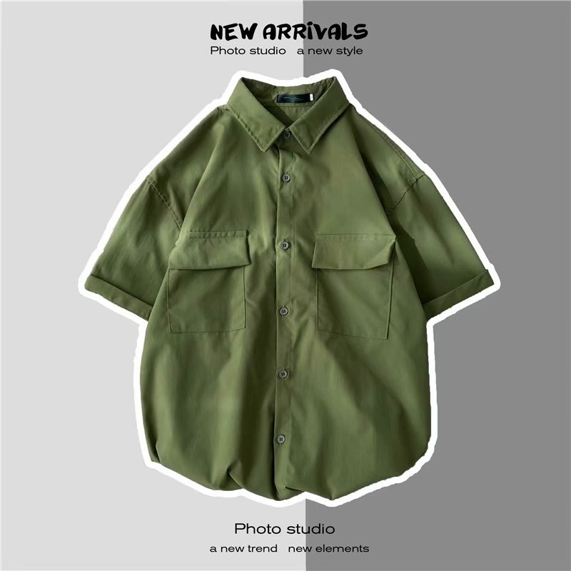Hong Kong Style Loose Men's Summer Short Sleeve Shirt Overalls