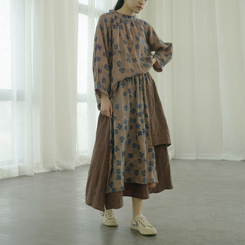 Retro Nostalgic Blue Dyed Printed Irregular Long Dress