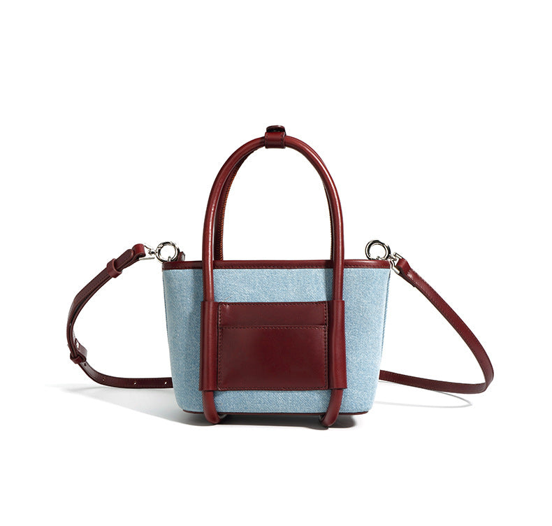 Toplag i okselæder med denimstof, grøntsagskurvetaske, niche, sammensat, enkelt skulder, crossbody