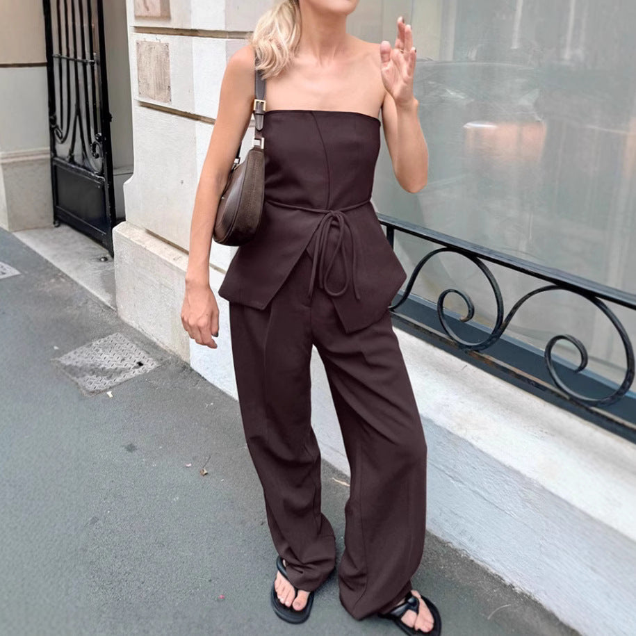 European And American Cross-border Brown Tube Top Wide-leg Pants Two-piece Set Women's Summer Fashion Vest Suit Design Sense Women's Clothing