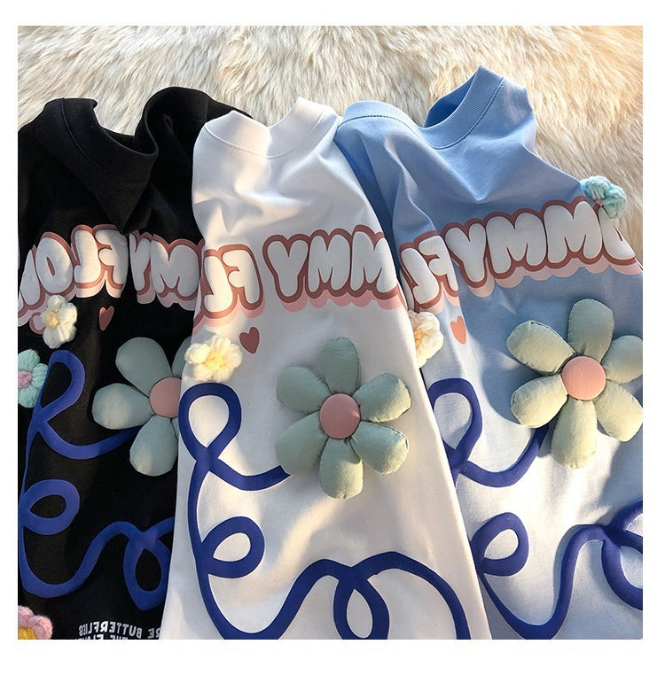 Women's Floral Letter Foam Print Short Sleeve T-shirt