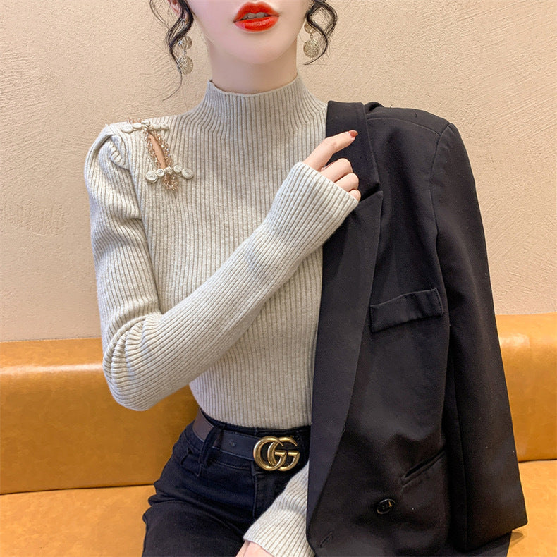 Women's Autumn And Winter National Style Puff Sleeve Half Turtleneck Slim-fit Underwear Sweater