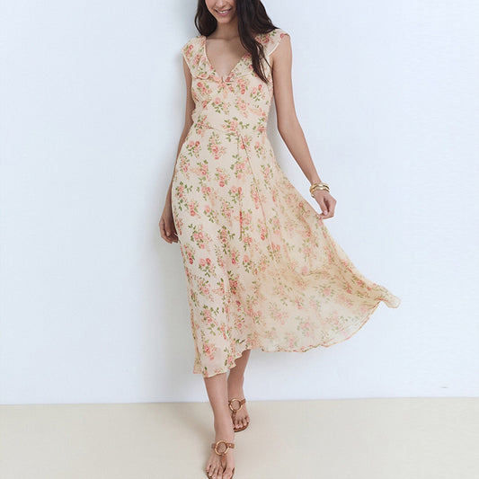 V-Neck Floral Lace-Up Slim-Fit Long Dress For Women