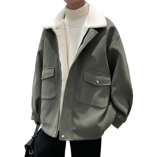 Lamb Plush Woolen Coat For Men, Versatile In Winter Japanese Style, Thickened For Warmth