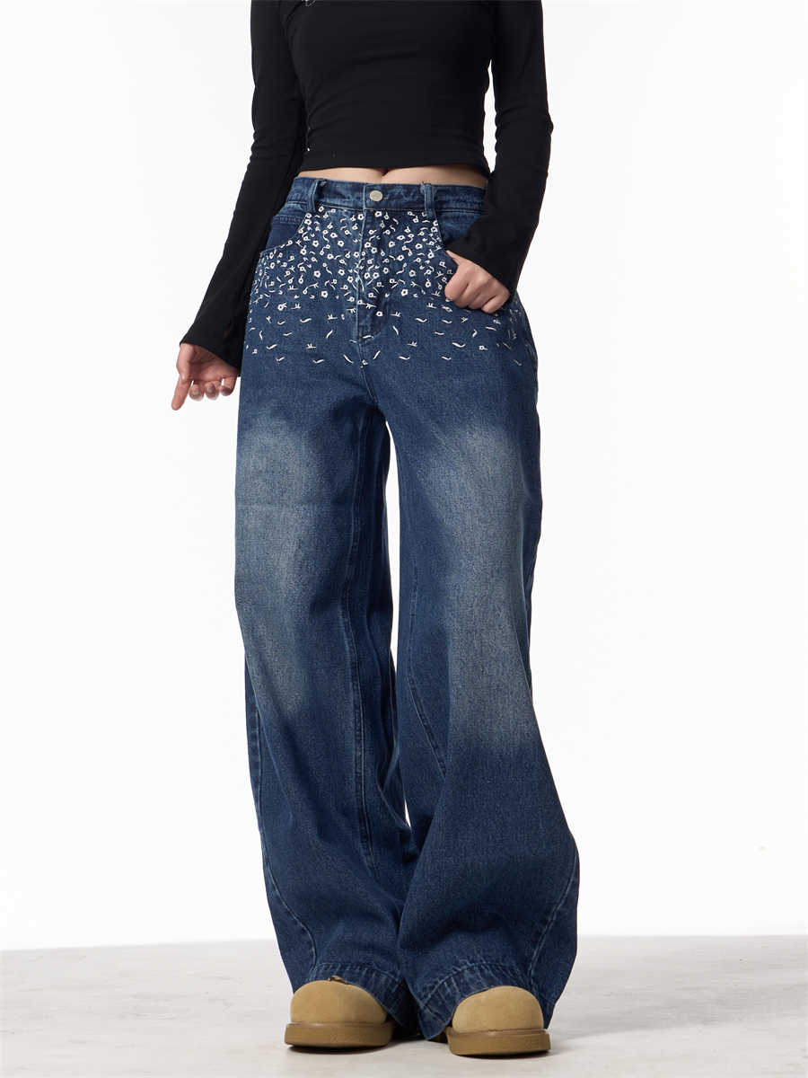 Vintage Floral Embroidered Straight Jeans Women Loose Casual Wide-leg Trousers