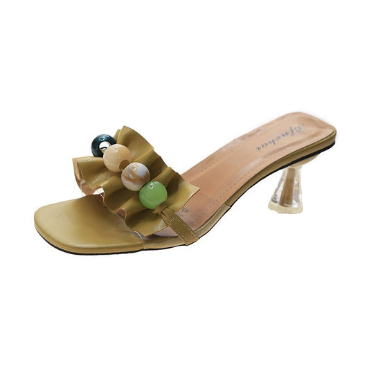 Ruffled Beaded Flip Flops Female Popular Fairy Style Thick With Female Sandals